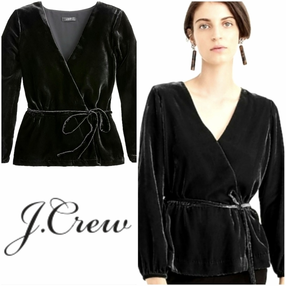 J.Crew Black Velvet Faux Wrap Tie Waist Blouse